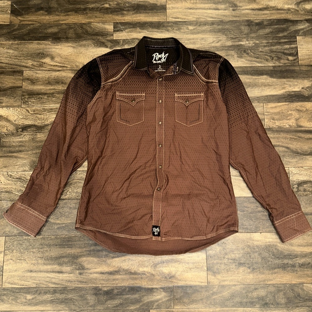 Rock 47 Wrangler Western Pearl Snap Button-Down Shirt Men's Size XL Brown Cowboy